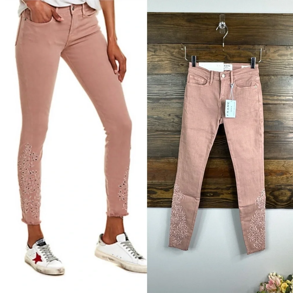 Frame le skinny de jeanne dusty rose embroidered